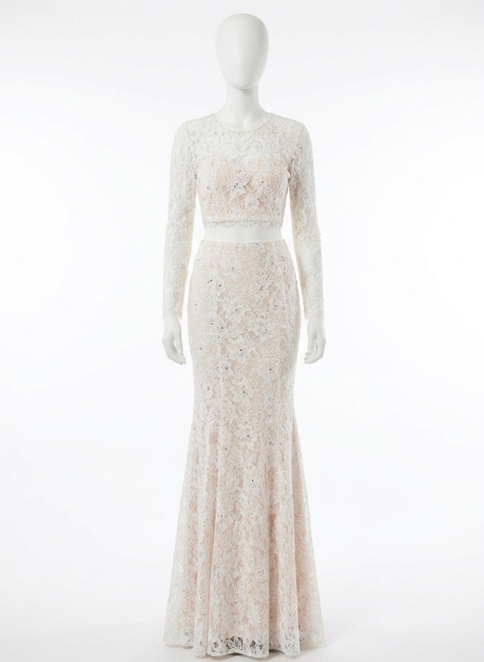 NEW RACHEL ALLAN lace floral two-piece mermaid gown in white